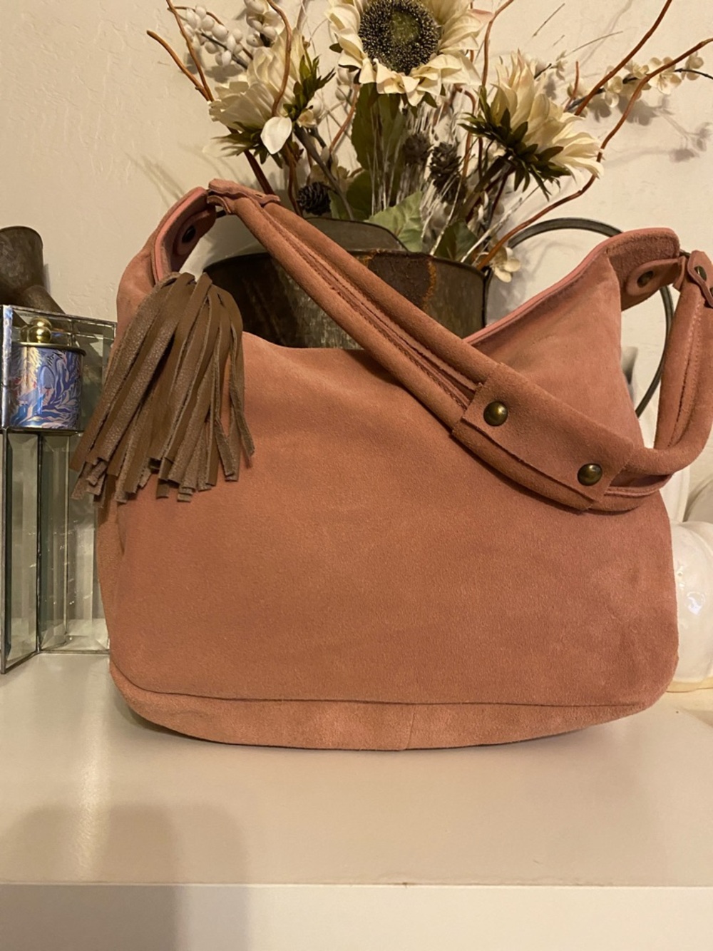 Sundance Mauve Pink Leather Suede Shoulder bag with Gold Hardware & Gold studs
